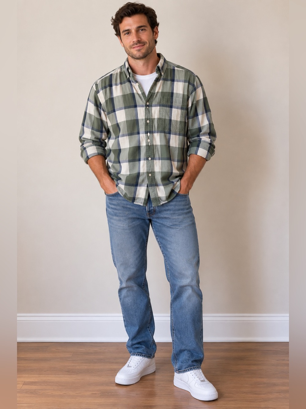 Denver Hayes Olive, White & Navy Plaid Button-Down Shirt